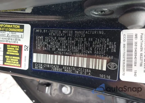 2020 Toyota Camry Se z USA, uszkodzony, nr VIN 4T1G11AK0LU367328